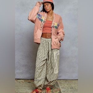 NWT POL Vintage Washed Boho Granny Square Crochet Oversized Zip Up Hoodie SZ L